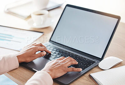 Buy stock photo Hands, screen or woman typing laptop keyboard with mockup for trading strategy, tax or company audit review. Finance, zoom or financial advisor for stock market, invest budget or mortgage planning