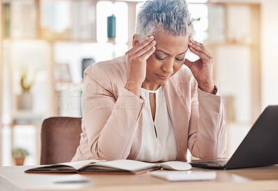 Buy stock photo Headache, accountant or burnout woman on laptop for financial crisis, mental health or invest depression in office. Finance, tired or sad advisor for stock market, invest budget or mortgage planning