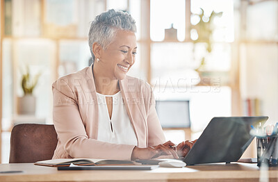 Buy stock photo Happy, accountant or woman on laptop search for financial strategy, tax or audit review for company growth in office. Finance, zoom or advisor for stock market, invest budget or mortgage planning