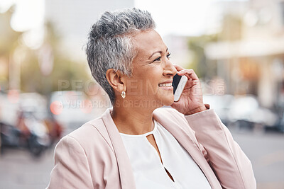Buy stock photo Senior woman, phone call and smile in the city for communication, conversation or discussion. Happy elderly female smiling on smartphone for 5G connection, talk or networking in street of urban town