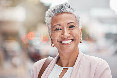 Buy stock photo Corporate senior woman, city and portrait for smile, happy or excited for job in financial service. Accountant, happiness and face by blurred background in metro, outdoor or motivation for accounting