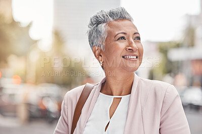 Buy stock photo Senior woman, city smile and business person success with blurred background thinking of work. Urban, investment vision and mature female outdoor happy about investing and retirement pension ideas