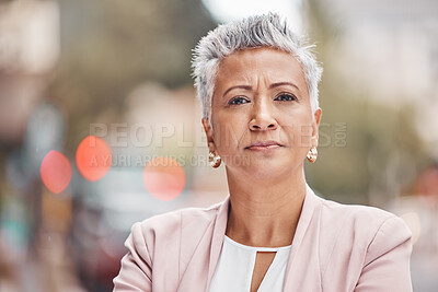 Buy stock photo Portrait, business and old woman outdoor, serious and confident leader, urban and skills. Face, female manager and entrepreneur outside, assertive and plan for sales growth, ceo in city and formal