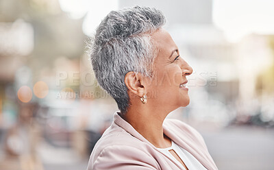 Buy stock photo Senior woman, city and business person profile with blurred background thinking of finance work. Urban, investment vision and mature female outdoor happy about investing and retirement ideas