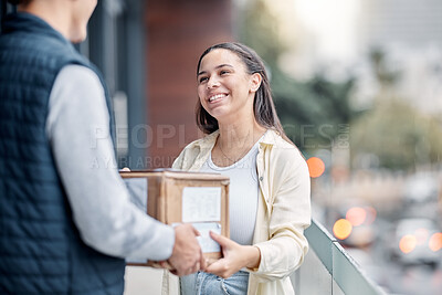 Buy stock photo Happy customer, shipping courier box and delivery man giving retail sales product, shopping stock or mail container. Logistics supply chain, distribution service and person exchange package cargo