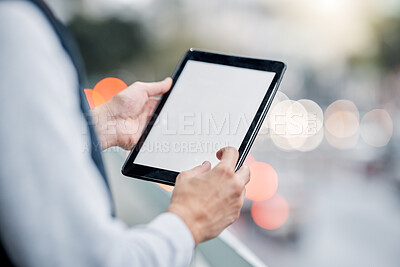 Buy stock photo Digital tablet, city and blank screen with mockup space for advertising, marketing or product placement. Technology, touchscreen and man browsing on social media, internet or mobile app on a device.