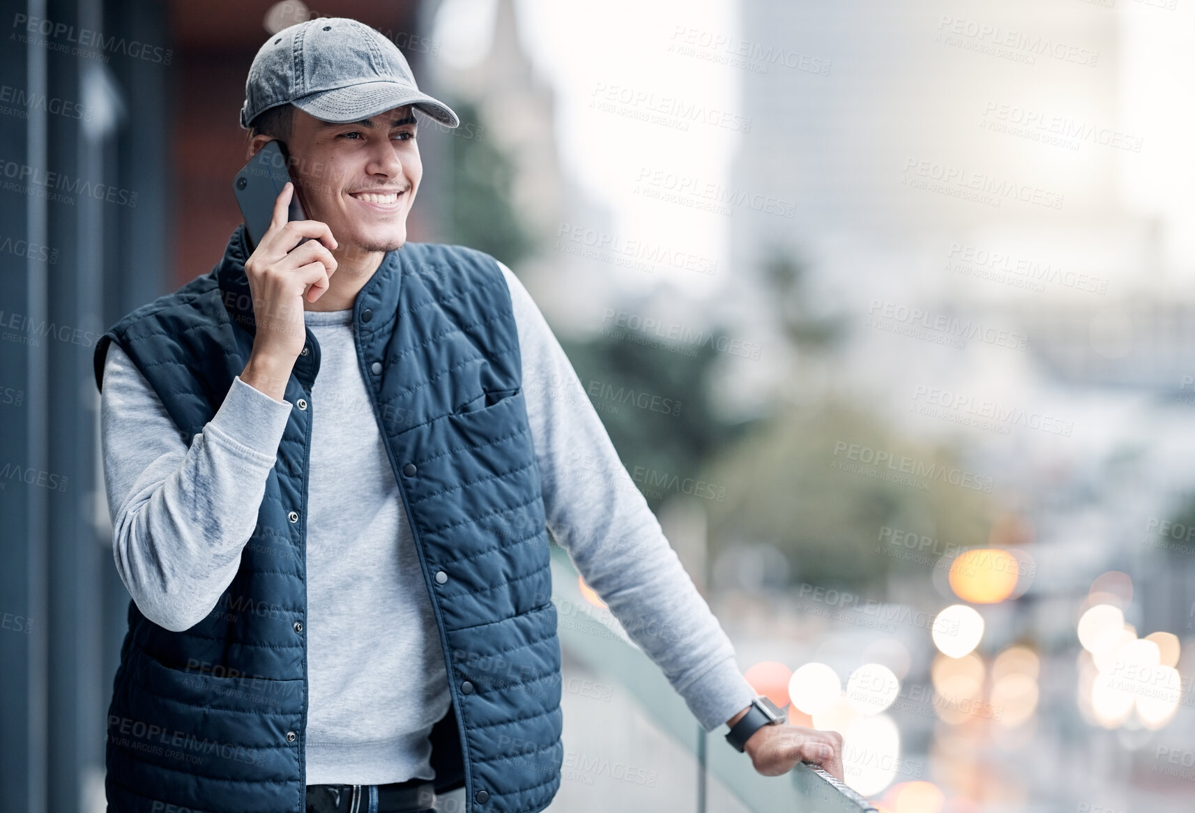 Buy stock photo Happy phone call, communication and man in city balcony for conversation, discussion and talking in New York. Smile, good news and male with smartphone for speaking, networking and 5g mobile device