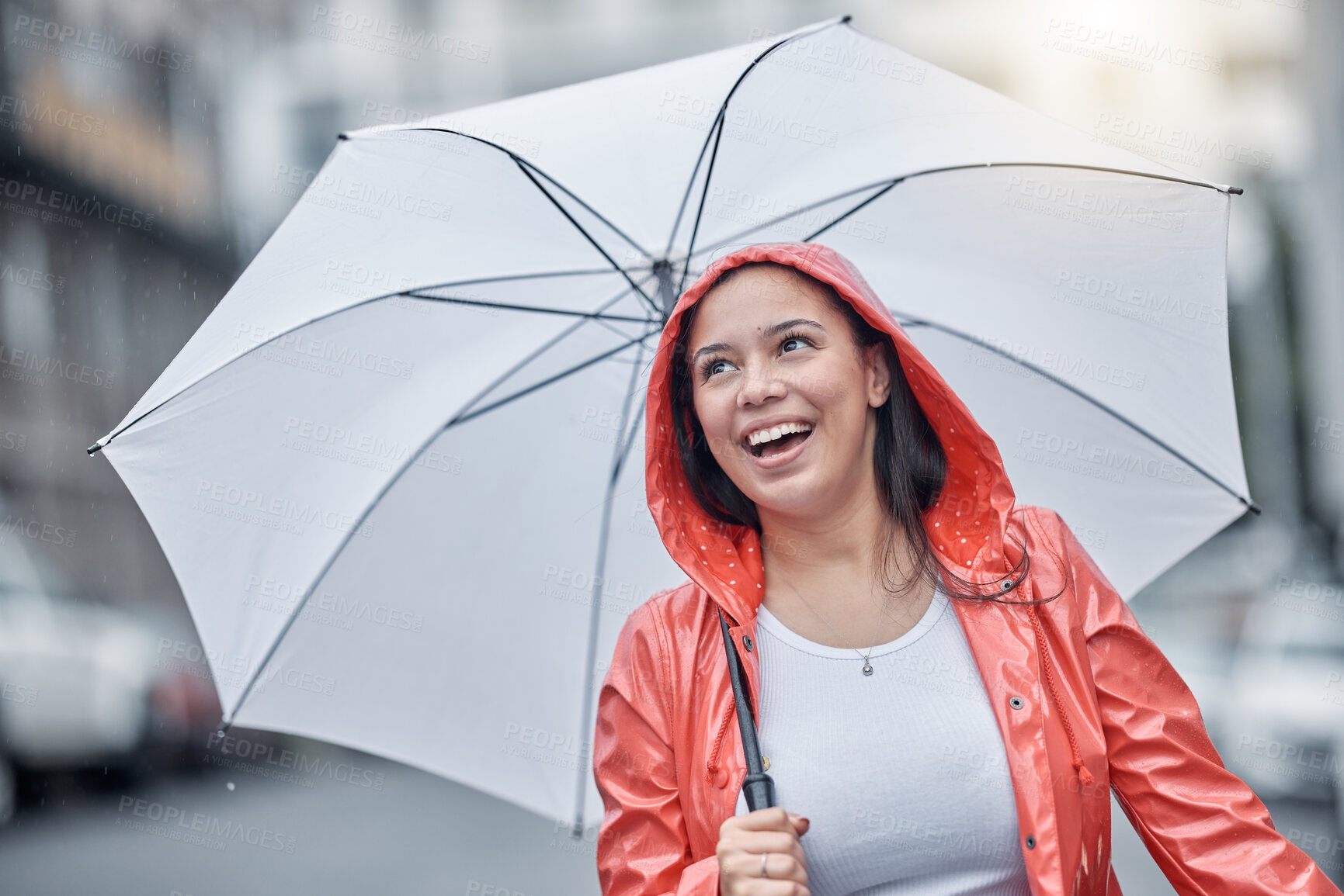 Buy stock photo Outdoor, umbrella and black woman with smile, city and freedom on break, joyful and cheerful. Jamaican, female and lady with cover from rain, town and urban with happiness, comfortable and travel