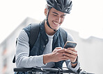Happy, bike travel or man with phone in London city, street or road for GPS, location or networking outdoor. Smile, helmet or male smile with smartphone or communication, social media or 5g network