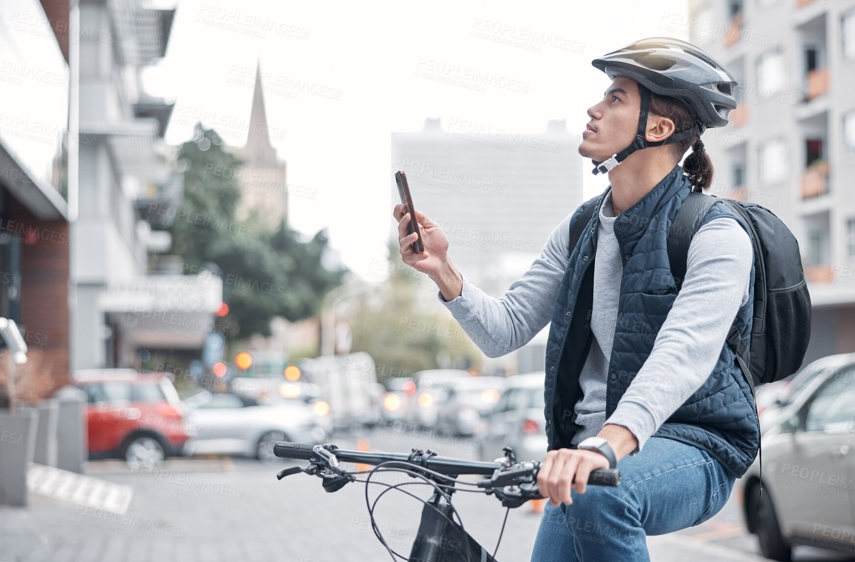 Buy stock photo Travel, bike delivery or man with phone in London city, street or road for GPS, location or networking outdoor. Internet, search or male with smartphone for mobile app communication or 5g network