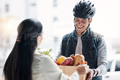 Buy stock photo Grocery customer, courier delivery or happy man with retail sale product, food shopping or vegetable shipping container. Logistic supply chain, health nutritionist or distribution person with package