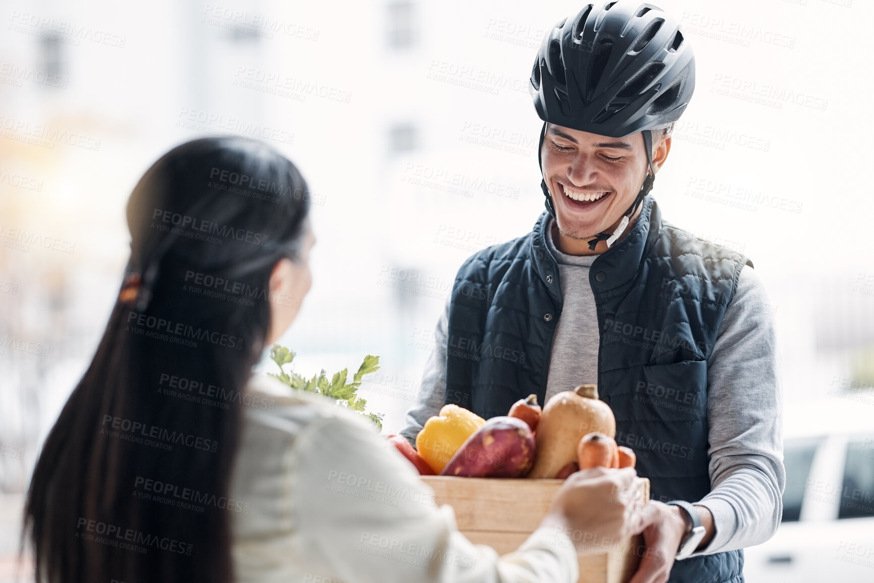 Buy stock photo Grocery customer, courier delivery or happy man with retail sale product, food shopping or vegetable shipping container. Logistic supply chain, health nutritionist or distribution person with package