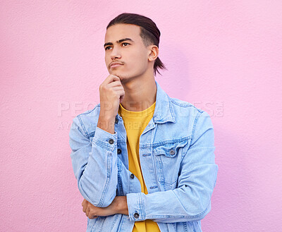 Buy stock photo Idea, inspiration and man thinking of a plan isolated on a pink background in a studio. Future, motivation and person planning in his mind, fantasy thoughts and visualization image on a backdrop