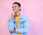 Thinking, man and vision on pink background of happy ideas, mindset and planning on mockup studio wall. Inspiration, happiness and male model smile for question, solution and remember memory of goals