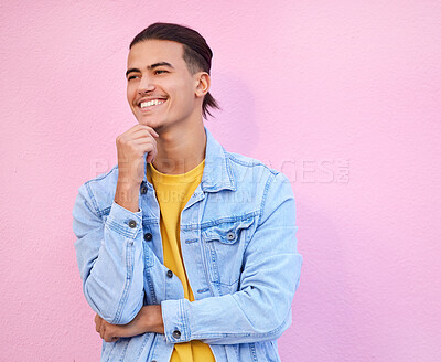 Buy stock photo Thinking, man and vision on pink background of happy ideas, mindset and planning on mockup studio wall. Inspiration, happiness and male model smile for question, solution and remember memory of goals