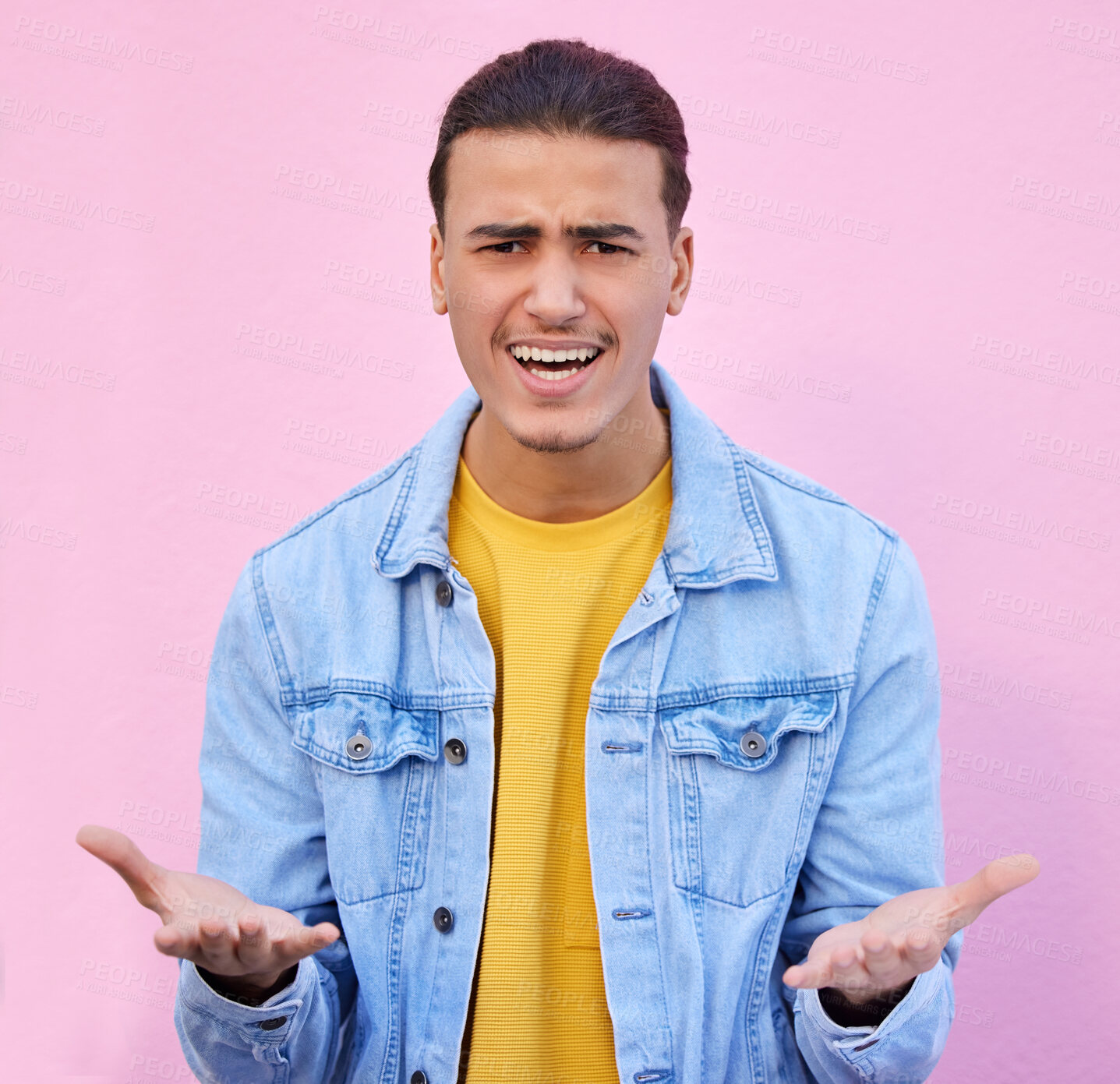 Buy stock photo Confused, annoyed and portrait of a man in a studio with a doubt, upset and moody facial expression. Angry, mistake and male model doing sign language or hand gesture isolated by a pink background.