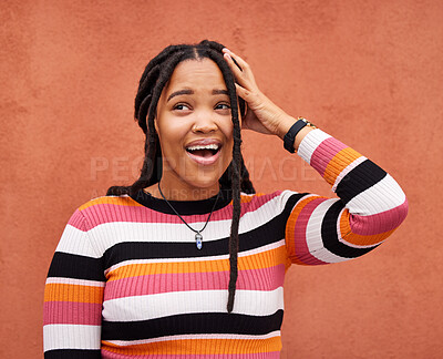 Buy stock photo Wall, black woman and surprise with smile, emoji and cheerful on studio background. African American female, lady or shocked with news, achievement or opportunity with trendy clothes or casual outfit