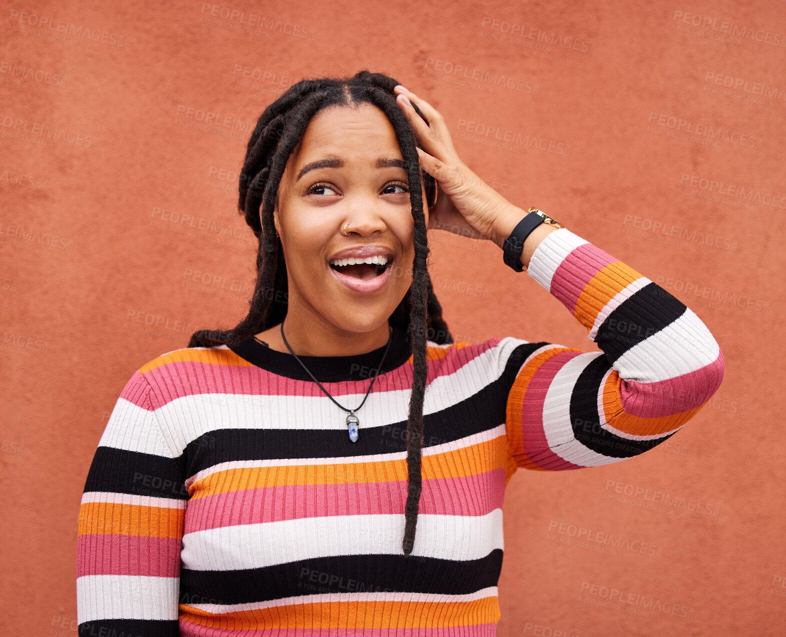 Buy stock photo Wall, black woman and surprise with smile, emoji and cheerful on studio background. African American female, lady or shocked with news, achievement or opportunity with trendy clothes or casual outfit