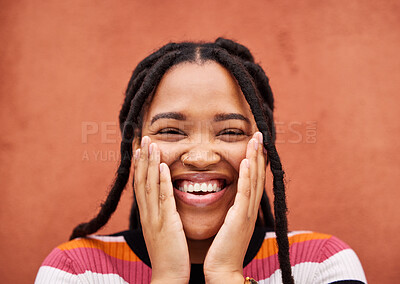 Buy stock photo Happy, laughter and portrait with a black woman on an orange background outdoor for joy or humor. Funny, laugh and smile with an african american person laughing or joking against a color wall