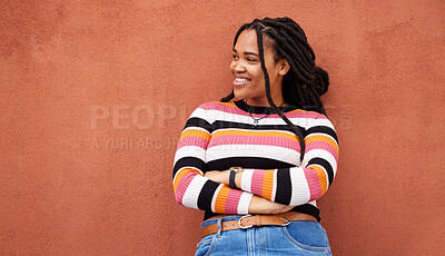 Buy stock photo Mockup, black woman and thinking with arms crossed, wall and carefree with fantasy, imagination and wonder. Female, Jamaican and lady with decisions, choice or opportunity with smile or trendy outfit