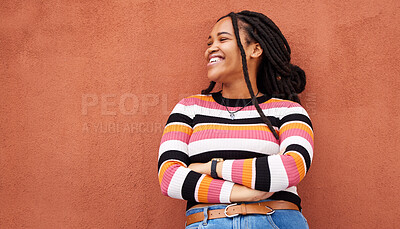Buy stock photo Mockup, proud and black woman relax on orange wall background for advertising, space and marketing. Happy, smile and girl in good mood, positive and mindset isolated on product placement in studio