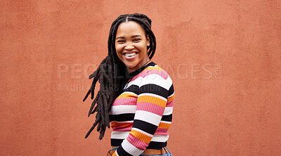 Buy stock photo Portrait, wall and black woman with smile, fashion and freedom with joy, success and casual outfit. Face, Jamaican female and happy lady on background, happiness and cheerful with wonder and mockup