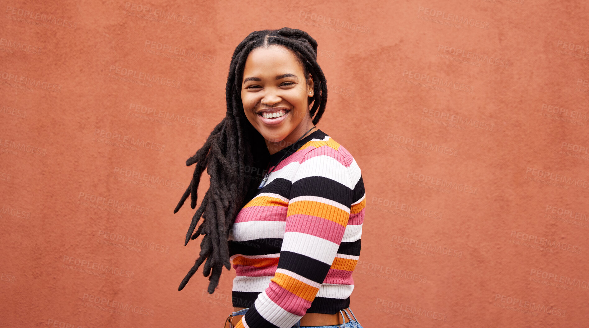 Buy stock photo Portrait, wall and black woman with smile, fashion and freedom with joy, success and casual outfit. Face, Jamaican female and happy lady on background, happiness and cheerful with wonder and mockup