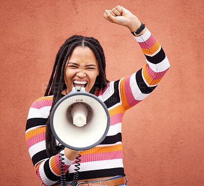 Buy stock photo Megaphone, fight or black woman shouting in speech announcement for politics, equality or human rights. Feminist leader, revolution or loud gen z girl speaker fighting for justice on wall background