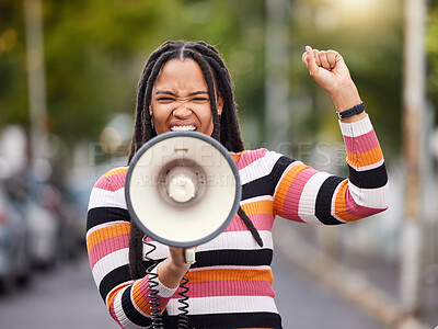 Buy stock photo Megaphone, city or black woman in protest with speech announcement for politics, equality or human rights. Feminist leader, anger or angry girl speaker fighting or shouting for justice on street road