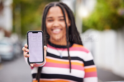 Buy stock photo Mockup, phone and portrait, screen and black woman in road for travel, advertising and copy space. Face, smartphone and display by student traveling, connect or social media app on blurred background