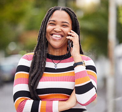 Buy stock photo Black woman, phone call and smile in city, happiness and conversation for outdoor travel. Happy urban female talking on mobile, communication and smartphone technology of online networking connection