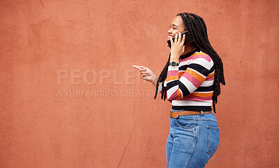 Buy stock photo Happy black woman, phone call and smile on wall background with happiness, conversation and mockup space. African female talking on mobile, color mock up and smartphone communication with technology 