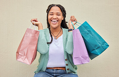 Buy stock photo Fashion, portrait or happy African girl with shopping bag or smile in retail therapy with wall background. Freedom, relax or excited black woman with clothes or products on discounted sales offer