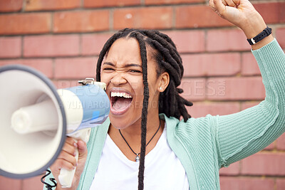 Buy stock photo Speaker, protest or angry black woman with speech announcement for politics, equality or human rights. Young feminist leader, stop or loud gen z girl shouting for justice or help on wall background