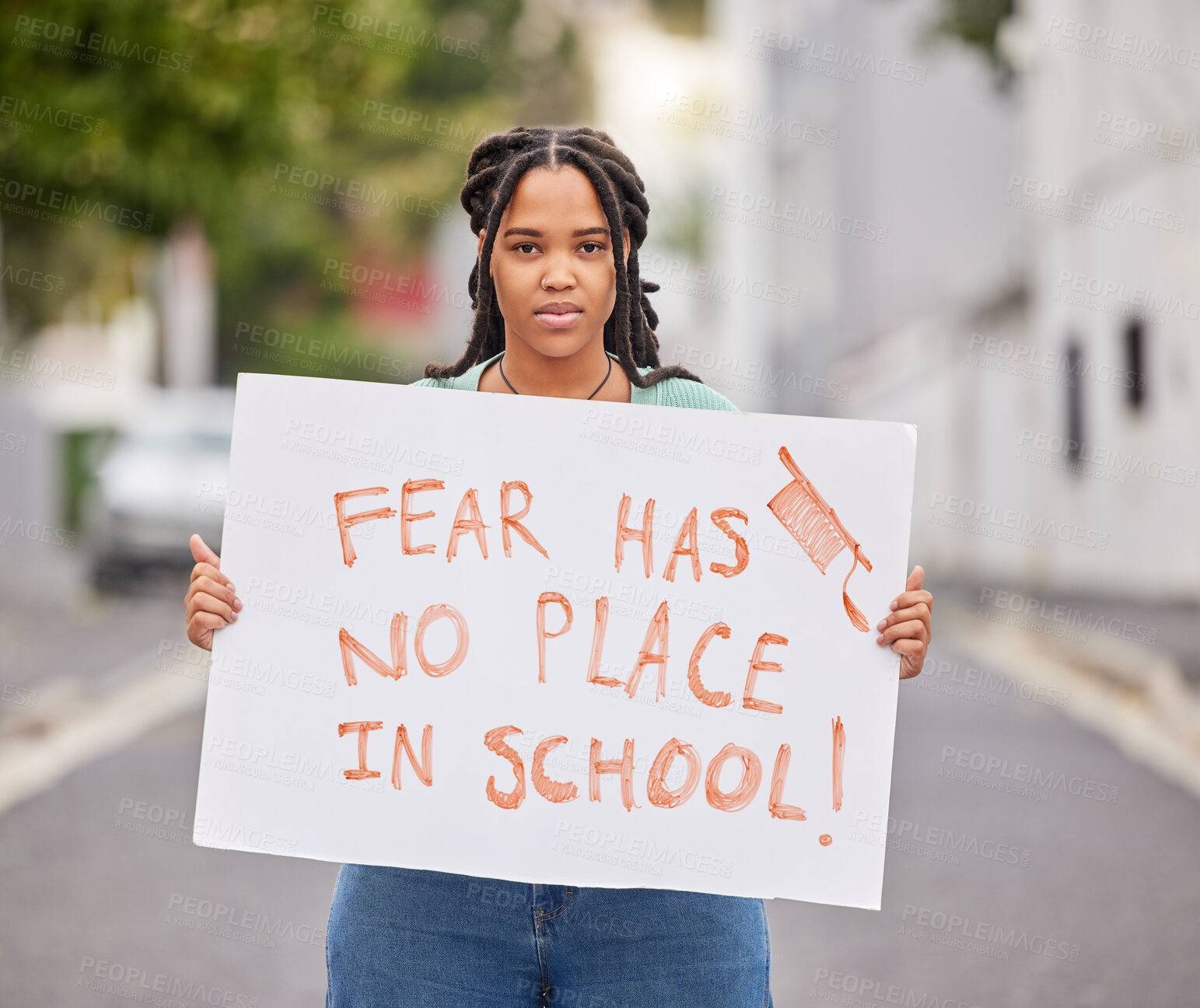 Buy stock photo Protest portrait, poster and city student rally for human rights support, USA gun control or stop school shooting. Students banner, global justice and teen black woman march for government law change