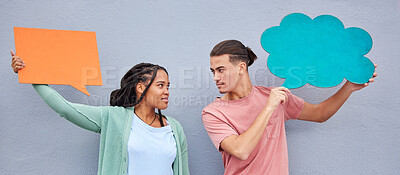 Buy stock photo Couple, thinking or speech bubble on isolated background of voice mockup, social media or vote mock up. People, man or black woman on paper poster, marketing billboard or competition feedback review