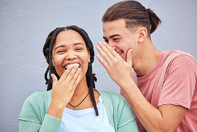 Buy stock photo Laugh, secret and boyfriend whisper to his girlfriend a funny story, joke or information by a wall in city. Comic, happy and man talking in woman ear for gossip in town on a holiday or weekend trip.