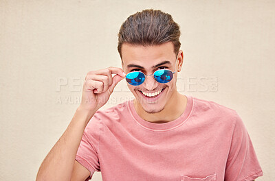 Buy stock photo Man, portrait or fashion sunglasses on isolated background for advertising branding, sales deal or flirty mockup marketing. Smile, happy or student model in summer optician vision for eyes healthcare