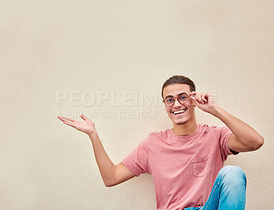 Buy stock photo Mockup, hands and portrait of man pointing to space for advertising, empty and studio wall background. Face, hand gesture by guy relax, happy and smile for product placement, marketing or copy space