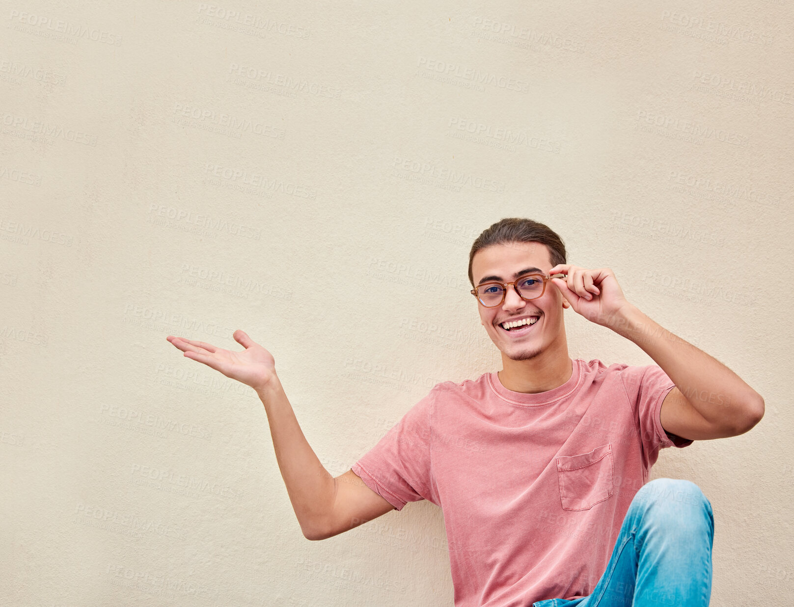 Buy stock photo Mockup, hands and portrait of man pointing to space for advertising, empty and studio wall background. Face, hand gesture by guy relax, happy and smile for product placement, marketing or copy space