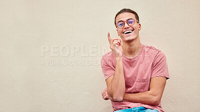 Buy stock photo Portrait, glasses or man pointing up on isolated background for advertising branding, optometry sales deal or mockup marketing. Happy, student or showing hands gesture in fashion eyes vision or news