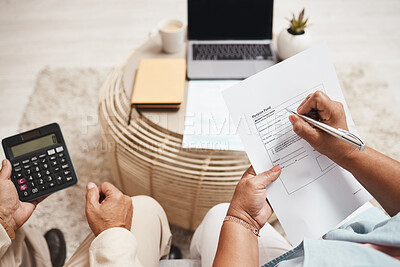 Buy stock photo Couple hands, documents and calculator for writing, budget or planning for future in living room. Senior man, old woman and paperwork for insurance, will or finance strategy for retirement lifestyle