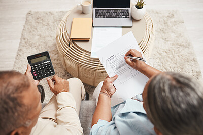 Buy stock photo Top view of retirement couple, pension budget and documents planning for budget, paperwork bills and home. Senior man, woman and people reading notes, financial investment and legal contract report 