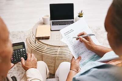 Buy stock photo Top view of couple, retirement home application documents and planning form for budget, paperwork and information. Old man, woman and people reading notes, legal contract report and life insurance 