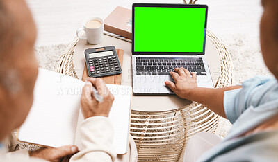 Buy stock photo Green screen, home finance and laptop of senior couple planning budget, banking online and asset management. People on computer with financial strategy, loan or investment on mockup space for website