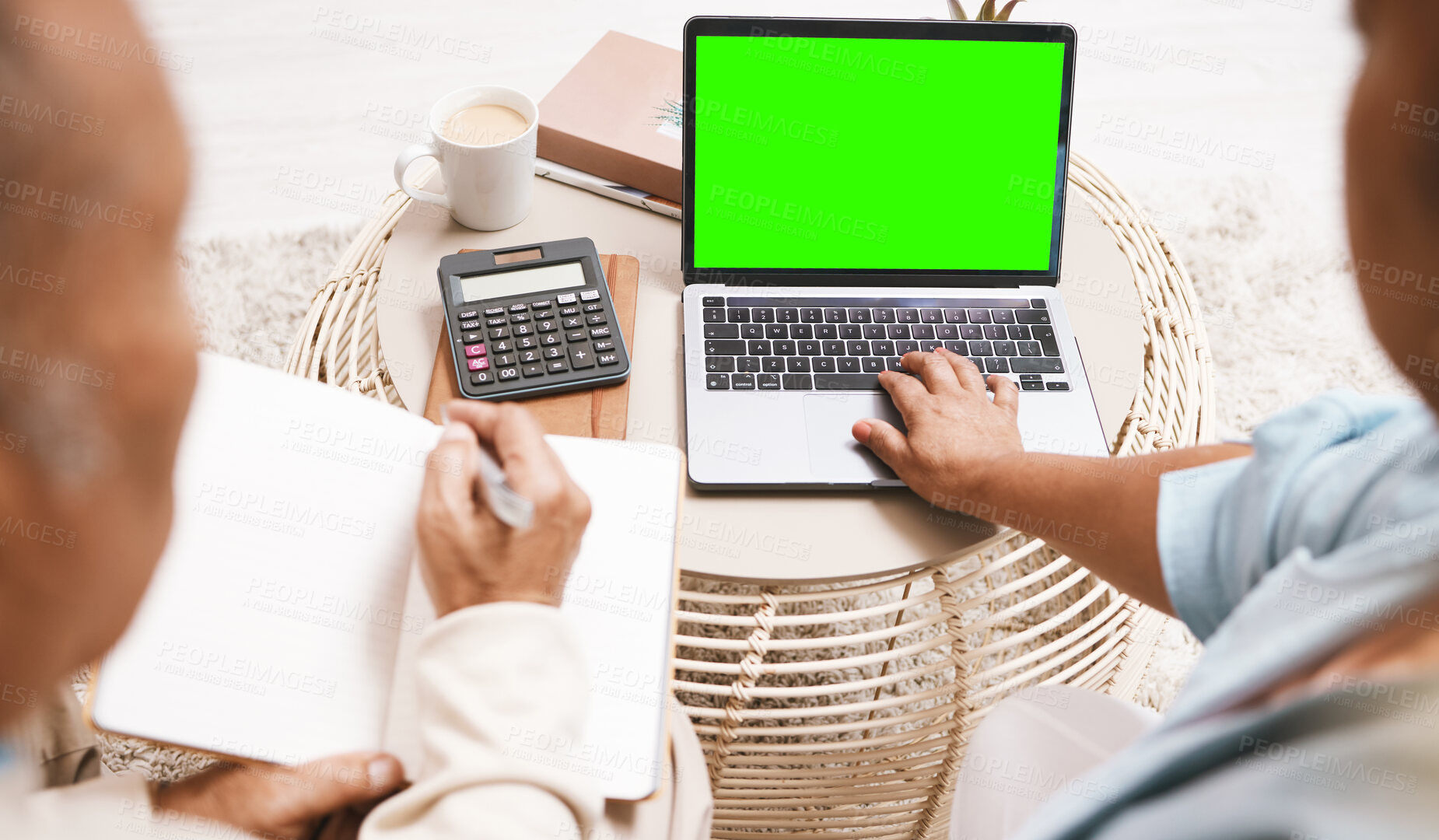 Buy stock photo Green screen, home finance and laptop of senior couple planning budget, banking online and asset management. People on computer with financial strategy, loan or investment on mockup space for website