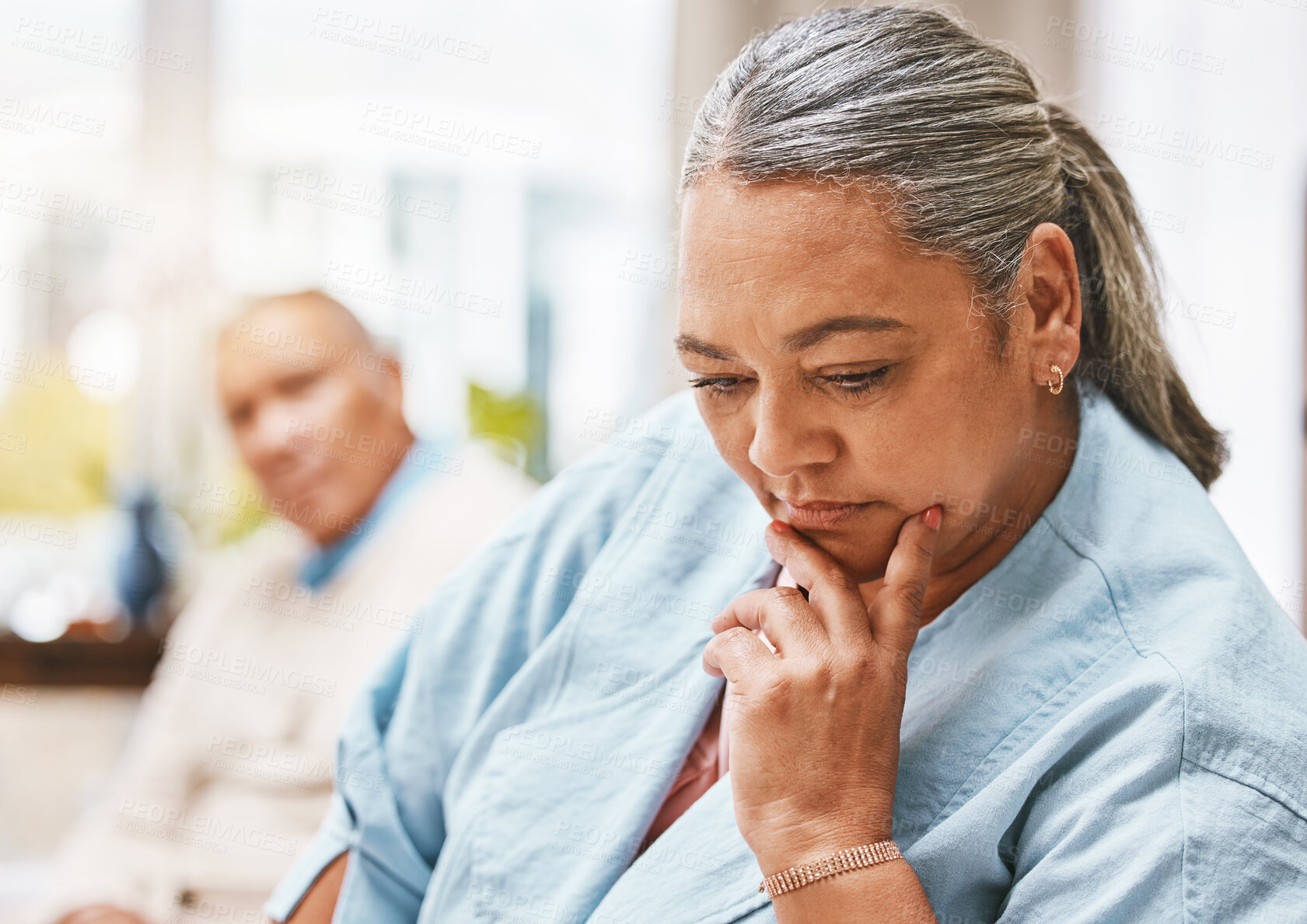 Buy stock photo Thinking, sad and divorce with old woman on sofa with man for breakup, anger and frustrated. Fight, mental health and crisis with elderly couple in living room at home for toxic,  conflict and fail