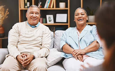 Buy stock photo Marriage, happy or old couple in counseling with a psychologist for mental health advice or support. Consulting, retirement or senior man laughing with an elderly woman talking to a funny therapist 
