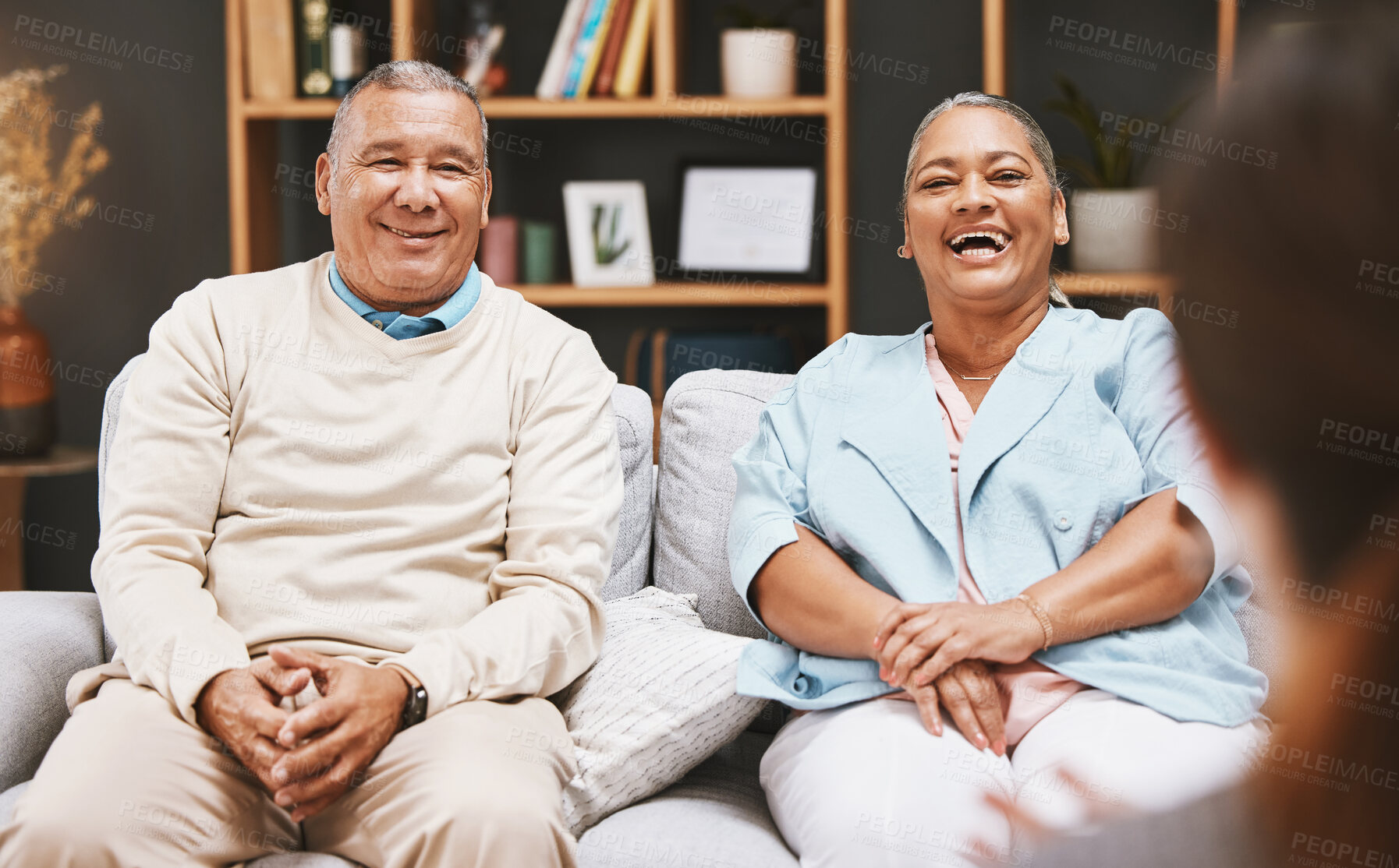 Buy stock photo Marriage, happy or old couple in counseling with a psychologist for mental health advice or support. Consulting, retirement or senior man laughing with an elderly woman talking to a funny therapist 