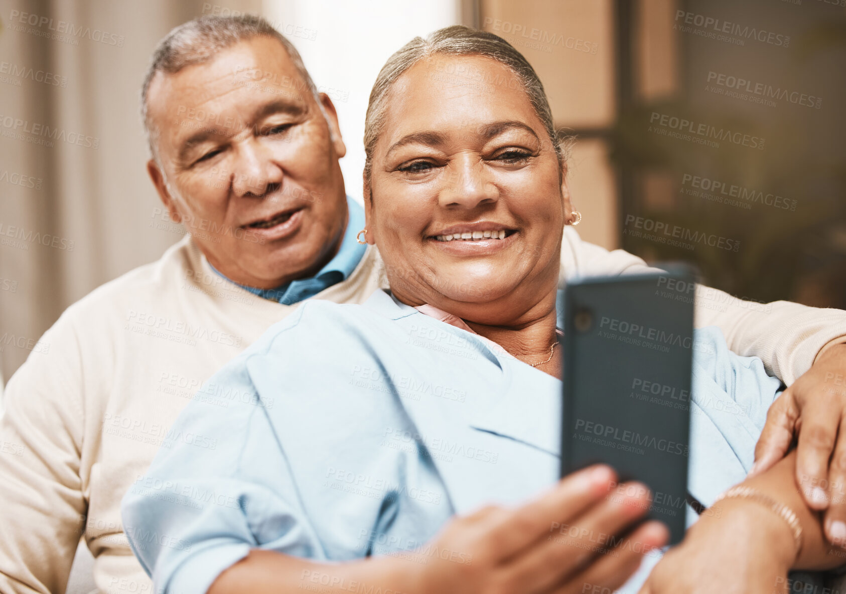 Buy stock photo Love, senior couple and selfie in home for happy memory while spending time together. Romance, retirement and smile of elderly and retired man and woman taking pictures or photo for social media.